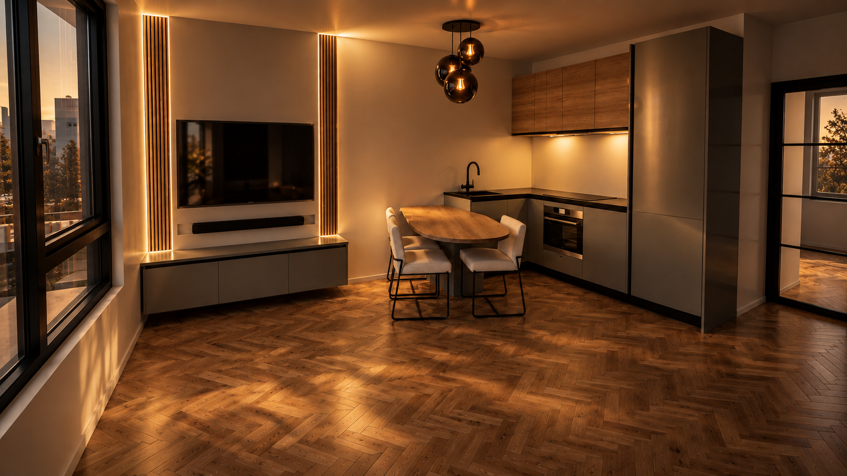 Interieurproject met houten vloer, maatwerkkasten en warme verlichting